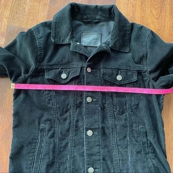 Abercrombie and Fitch Black Corduroy Button Down Unisex Jacket S Raw Edge Collar - Picture 10 of 11